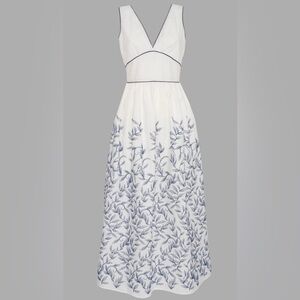 NWT Loretta Caponi Lucina White Navy Floral Embroidered Dress Size Medium Small